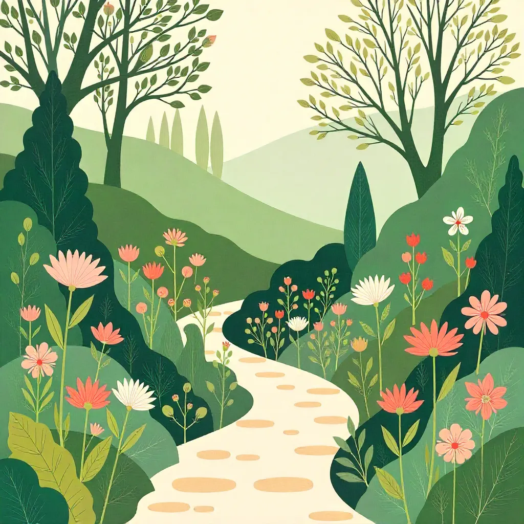 Natuurlijke tuin met inheemse planten en stenen paden