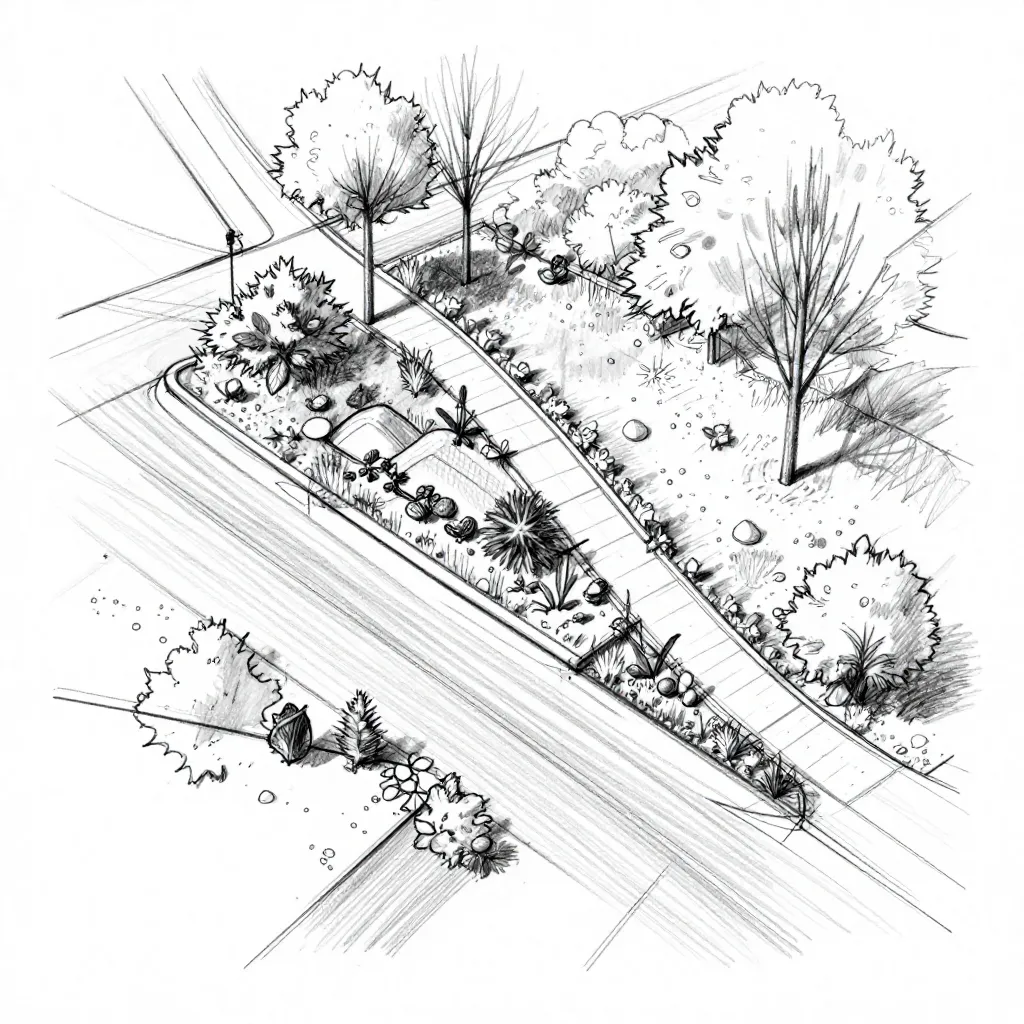 Conceptueel landschapsontwerp met schetsen en plannen